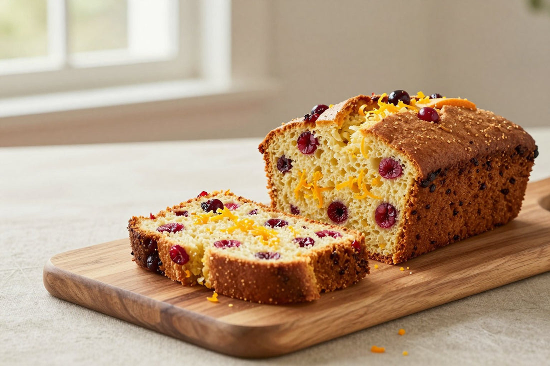 A loaf of cranberry orange bread on a wooden board, two thick slices cut to show the moist crumb