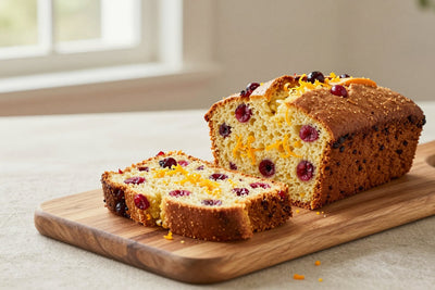 A loaf of cranberry orange bread on a wooden board, two thick slices cut to show the moist crumb