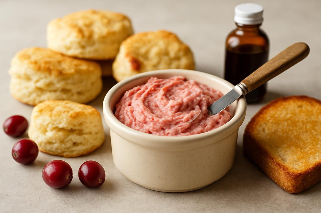 Cranberry Orange Butter in a crock with warm biscuits