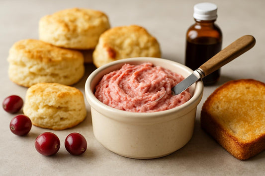 Cranberry Orange Butter in a crock with warm biscuits