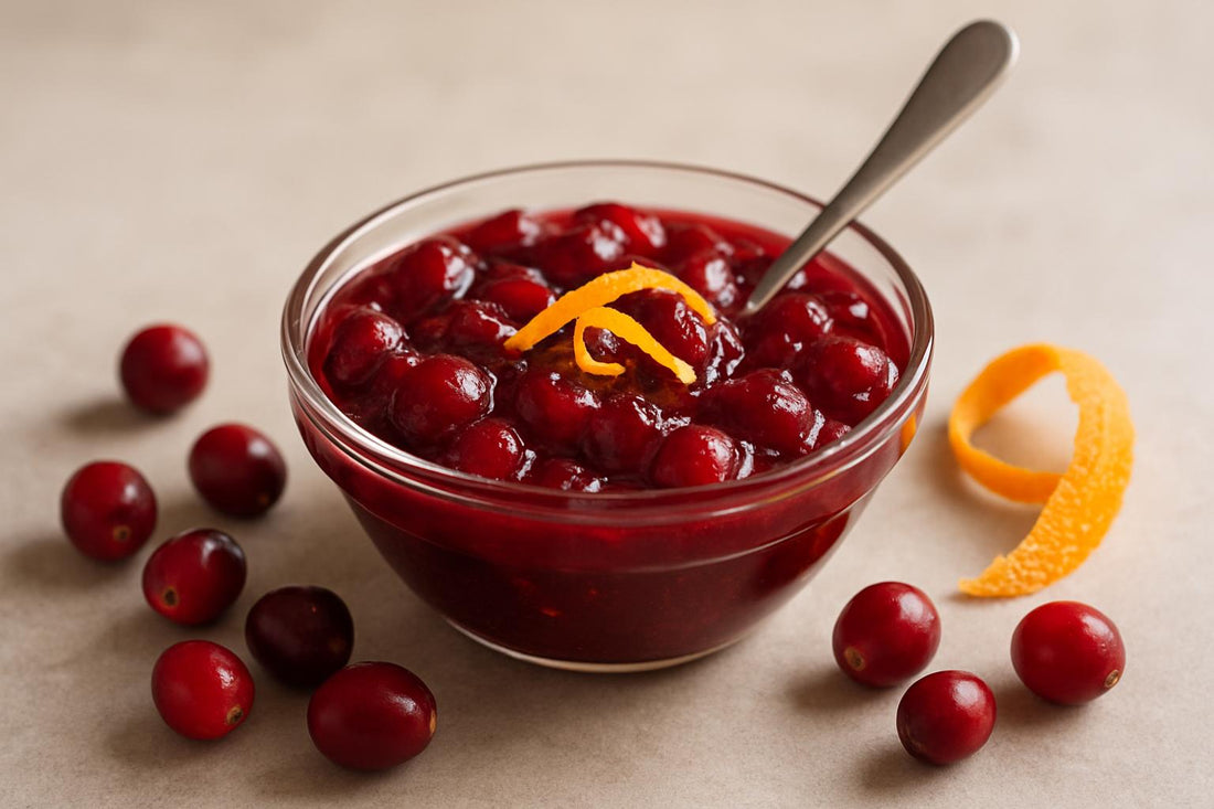 A small glass bowl of glossy whole-berry cranberry sauce with a spoon, fresh cranberries and a strip of orange zest beside it