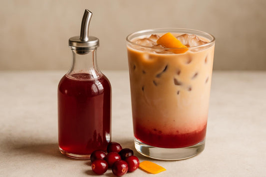 A small glass bottle of cranberry syrup with a pour spout, beside an iced latte sweetened with it