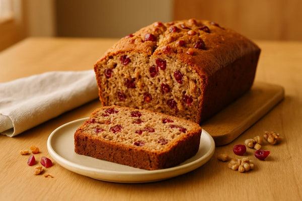 Cranberry Walnut Bread loaf with sliced pieces on an oak board