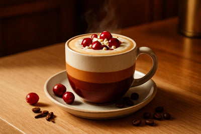 Cranberry White Chocolate Latte in a ceramic mug on an oak kitchen island