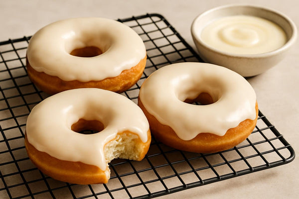 Doughnuts finished with cream cheese glaze on a cooling rack