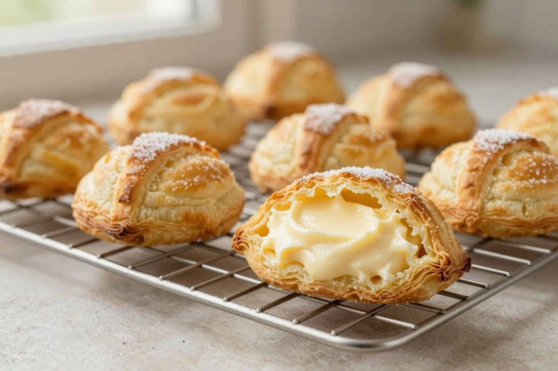 Golden cream cheese turnovers on a wire rack, one cut open to show the filling