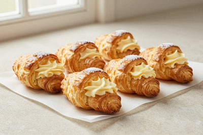 Cream horns on parchment, showing crisp, flaky, deep golden layers