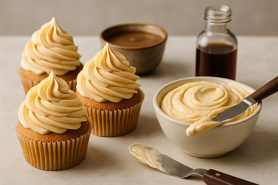 Cupcakes piped with creamy caramel buttercream frosting