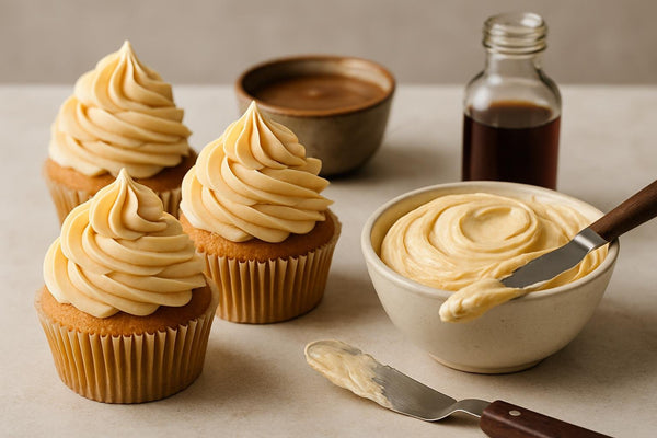 Cupcakes piped with creamy caramel buttercream frosting