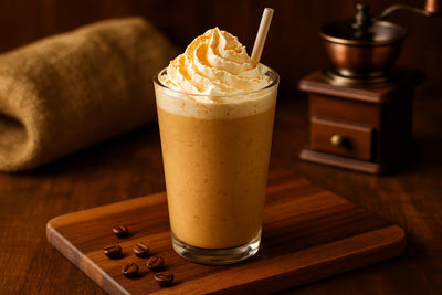 Crème Brûlée Frappé in a glass on an oak serving board
