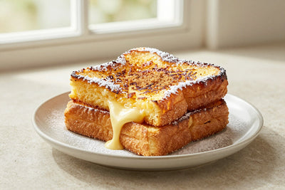 A stack of thick golden slices of crème brûlée french toast on a plate, dusted with powdered sugar