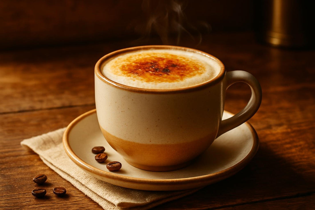 Crème Brûlée Latte in a ceramic mug on an oak table