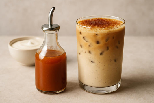A small glass bottle of crème brûlée syrup with a pour spout, beside an iced latte sweetened with it