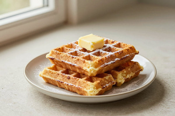 A stack of golden crispy belgian waffles on a plate with a pat of butter and the toppings from the recipe