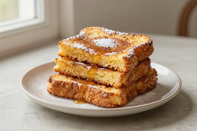 A stack of thick golden slices of croissant french toast on a plate, dusted with powdered sugar