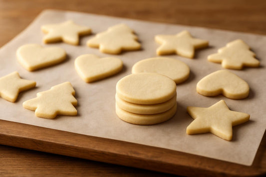 Cut-out sugar cookie dough cooling on parchment on a wooden table, a few stacked