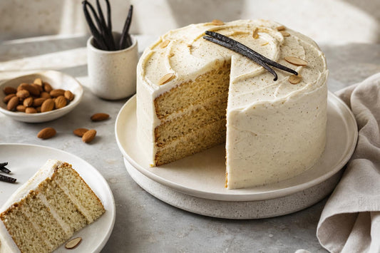 Dairy-free almond vanilla layer cake made with Madagascar vanilla