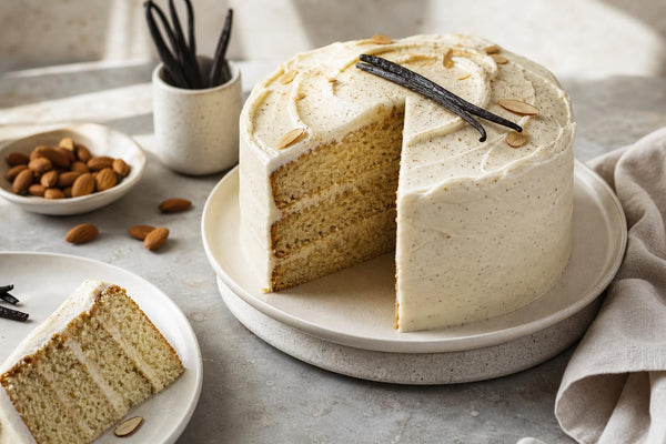 Dairy-free almond vanilla layer cake made with Madagascar vanilla
