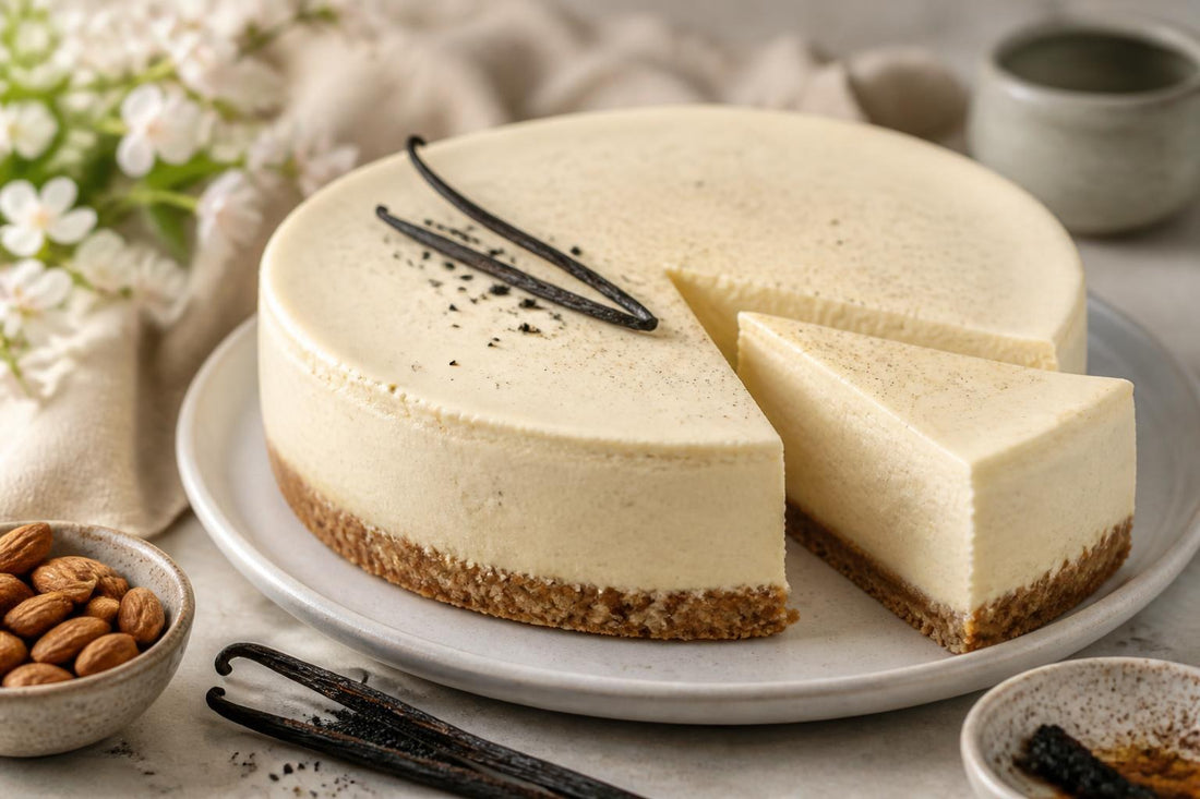 Dairy-free almond vanilla cheesecake made with Tahitian vanilla