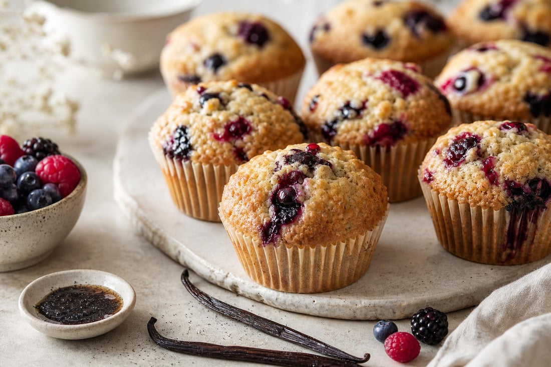 Dairy-free berry vanilla muffins made with Madagascar vanilla