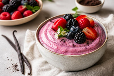 Dairy-free berry vanilla pudding made with Mexican vanilla