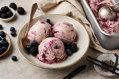 Dairy-free berry vanilla ice cream made with Ugandan vanilla