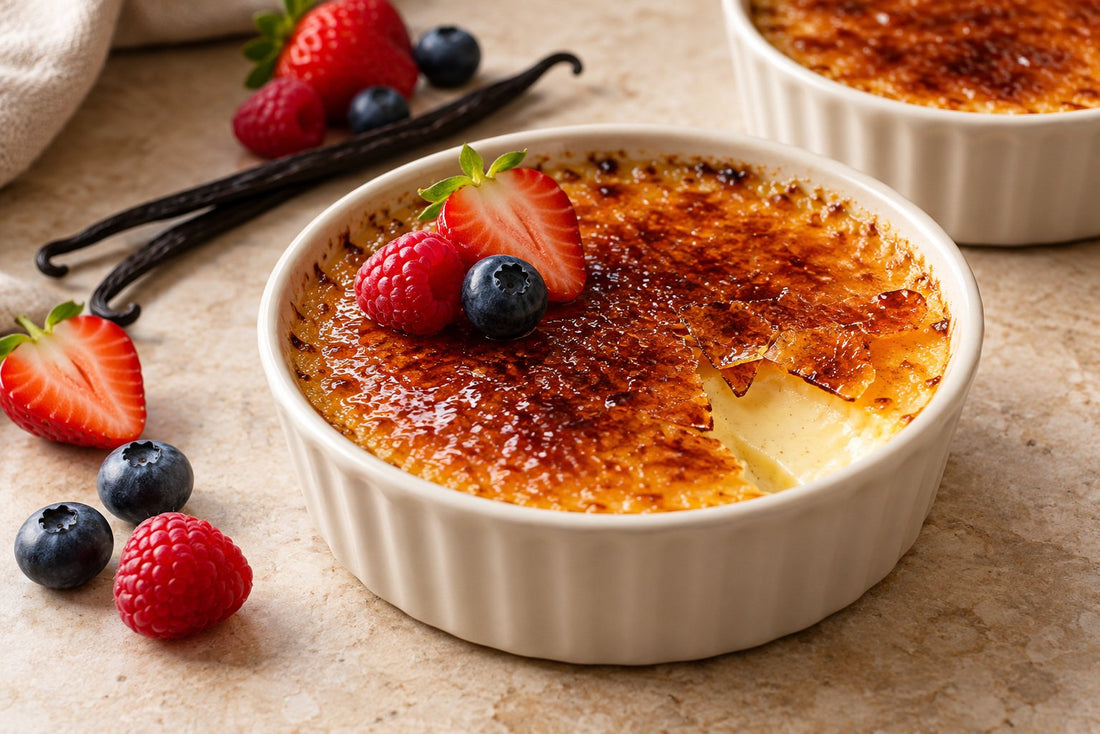Dairy-Free Berry Vanilla Crème Brûlée in a ramekin with a caramelized sugar crust