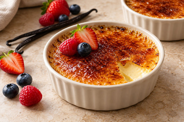 Dairy-Free Berry Vanilla Crème Brûlée in a ramekin with a caramelized sugar crust