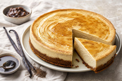 Dairy-free bourbon vanilla cheesecake made with Madagascar vanilla