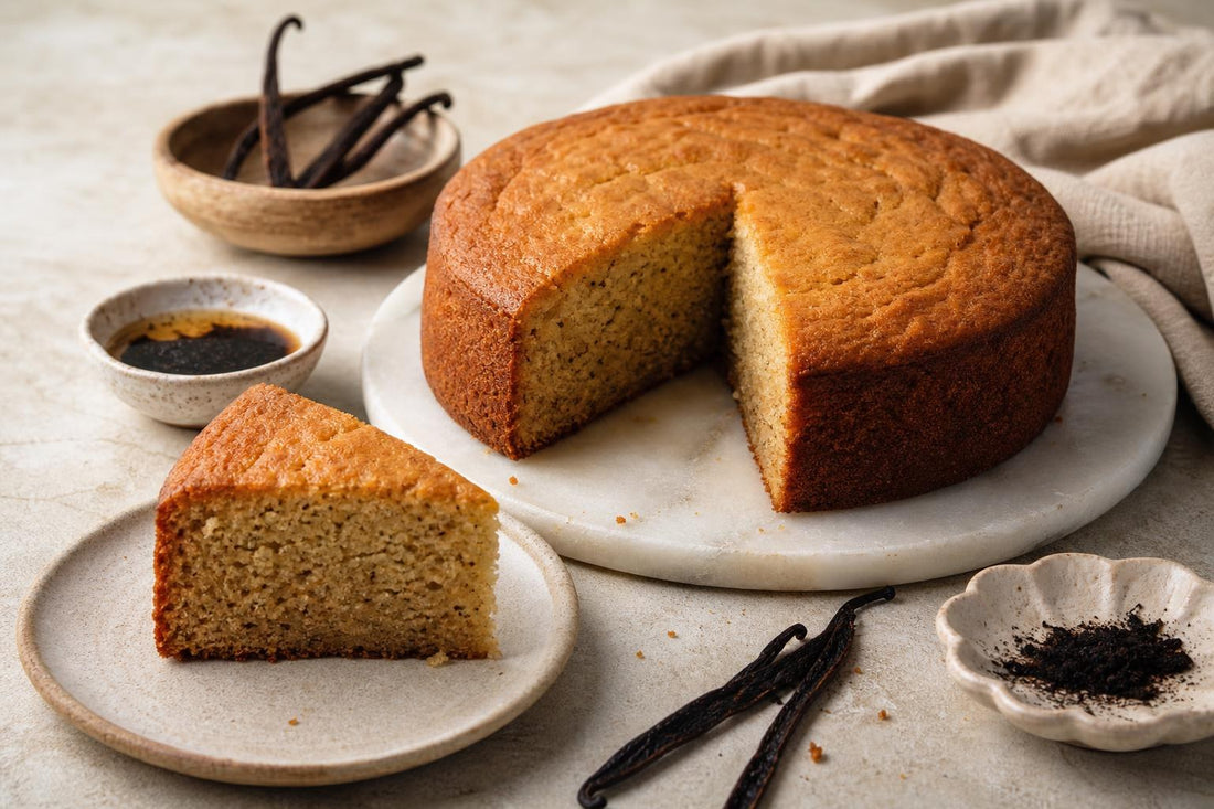 Dairy-free brown butter vanilla layer cake made with Indonesian vanilla