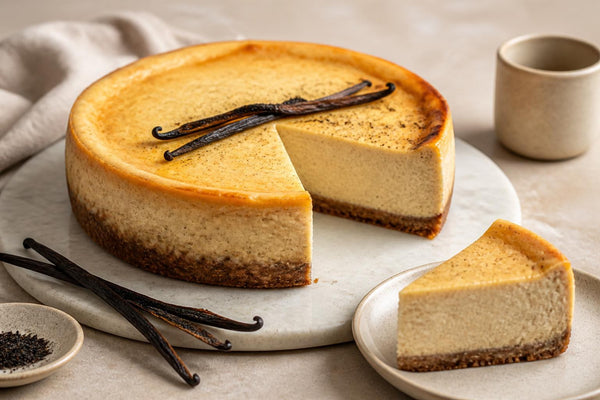 Dairy-free brown butter vanilla cheesecake made with Madagascar vanilla