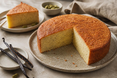 Dairy-free cardamom vanilla layer cake made with Indonesian vanilla
