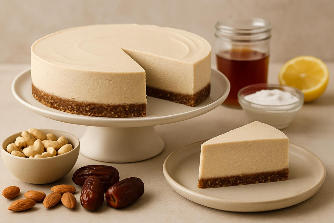 A whole, untopped dairy-free cashew cheesecake on a cake stand with one slice cut and set on a plate