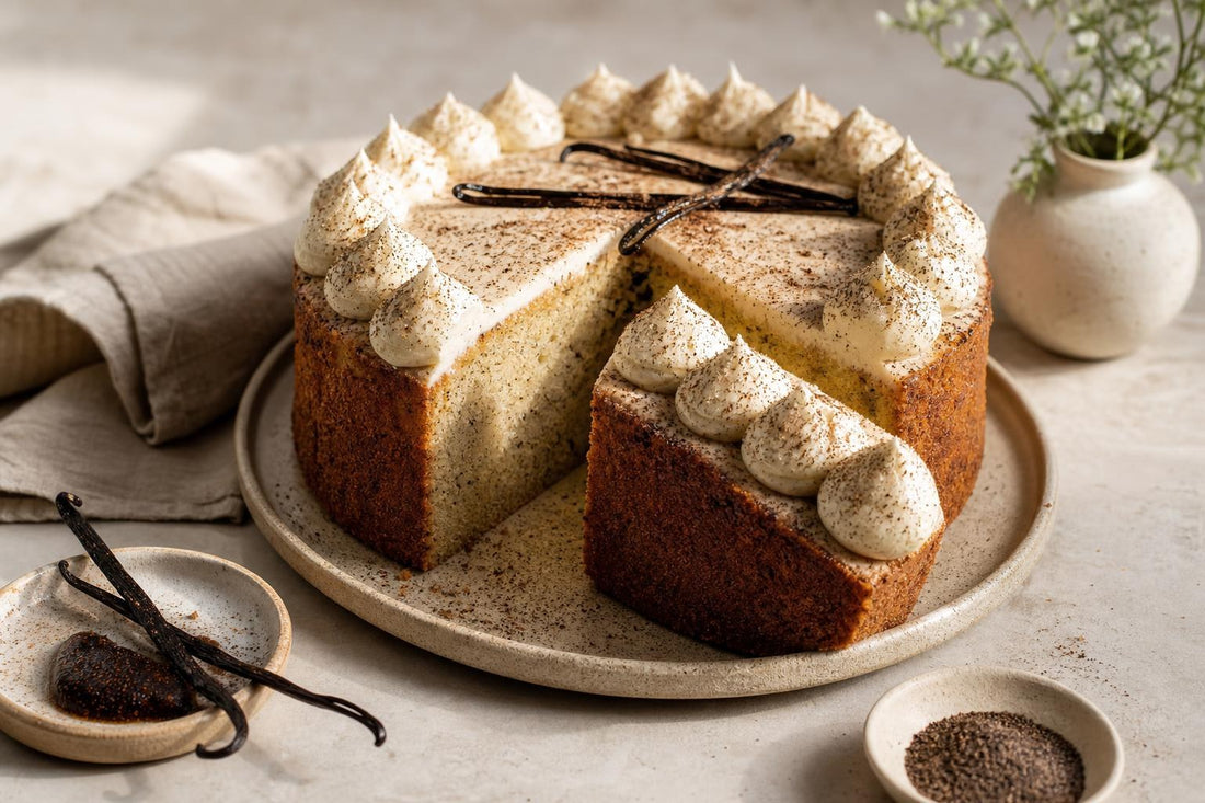Dairy-free chai vanilla layer cake made with Indonesian vanilla