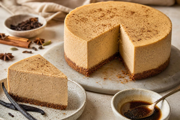 Dairy-free chai vanilla cheesecake made with Mexican vanilla