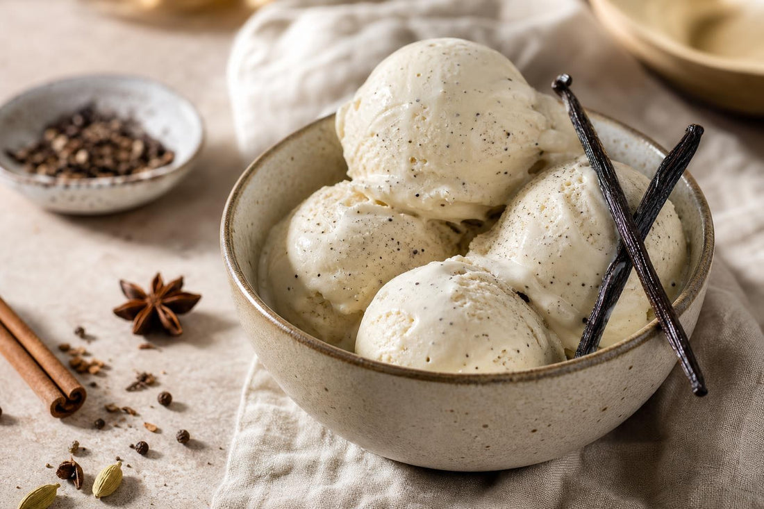 Dairy-free chai vanilla ice cream made with Tahitian vanilla