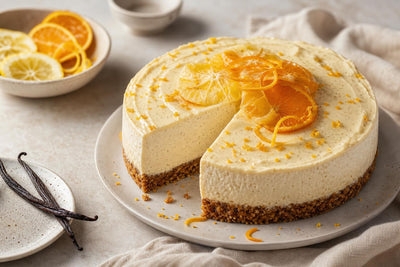 Dairy-free citrus vanilla cheesecake made with Madagascar vanilla