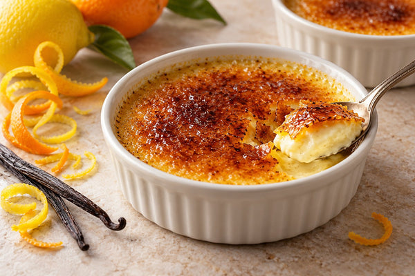 Dairy-Free Citrus Vanilla Crème Brûlée in a ramekin with a caramelized sugar crust