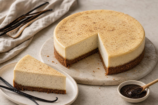 Dairy-free coconut vanilla cheesecake made with Indonesian vanilla