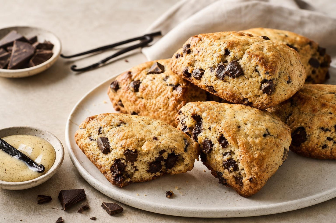 Dairy-free dark chocolate vanilla scones made with Madagascar vanilla