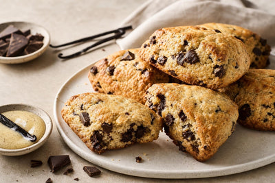 Dairy-free dark chocolate vanilla scones made with Madagascar vanilla
