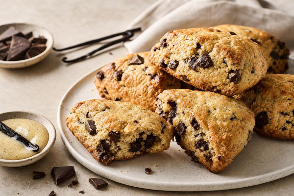 Dairy-free dark chocolate vanilla scones made with Madagascar vanilla
