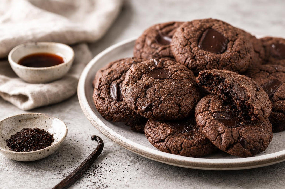 Dairy-free dark chocolate vanilla cookies made with Mexican vanilla