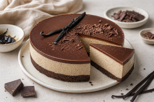 Dairy-free dark chocolate vanilla cheesecake made with Tahitian vanilla