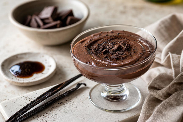 Dairy-free dark chocolate vanilla pudding made with Ugandan vanilla