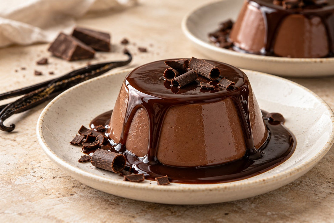 Dairy-Free Dark Chocolate Vanilla Panna Cotta, unmolded on a plate with vanilla beans