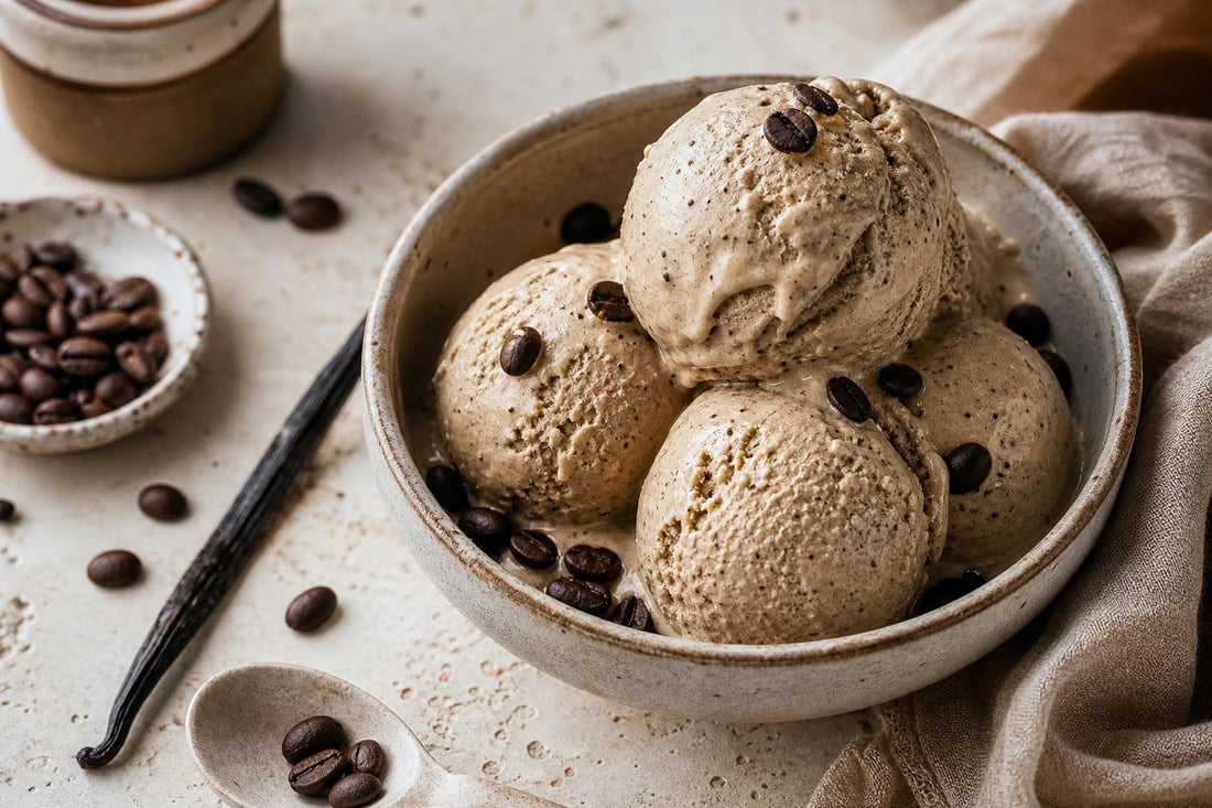 Dairy-free espresso vanilla ice cream made with Indonesian vanilla