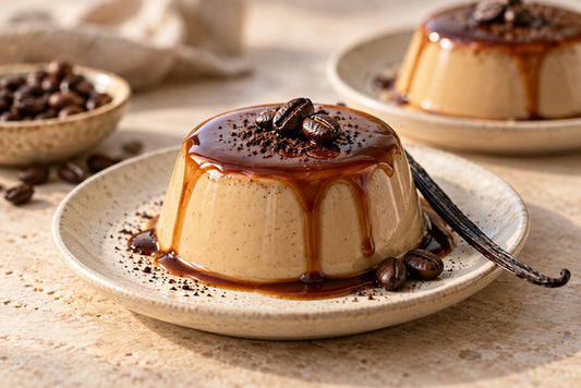 Dairy-Free Espresso Vanilla Panna Cotta, unmolded on a plate with vanilla beans