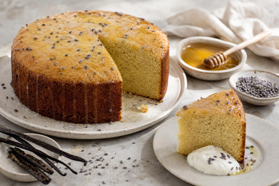 Dairy-free honey lavender vanilla layer cake made with Indonesian vanilla