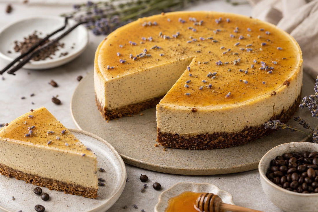 Dairy-free honey lavender vanilla cheesecake made with Mexican vanilla
